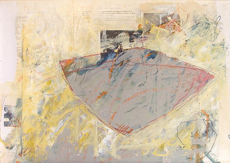 Stefan Kraft; Tisch (Gepäck LXI), 2004; Collage, Öl und Aquarellstift auf Papier, 42,2 × 59,7 cm; © Stefan Kraft / VG Bild-Kunst, Bonn