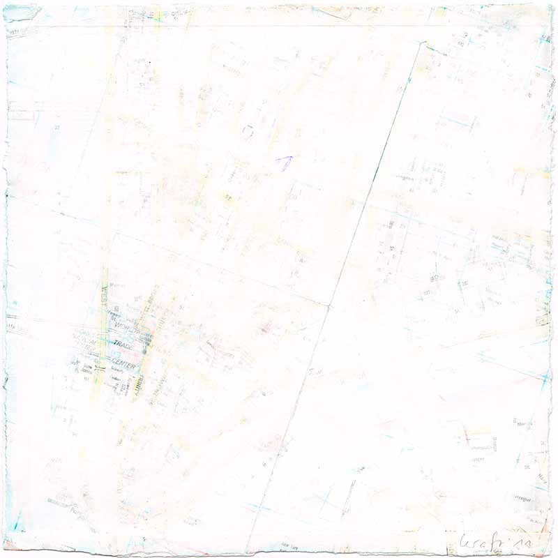 Stefan Kraft; New York City; Downtown Manhattan, 2011; aufkaschierter und ausradierter Stadtplan-Ausschnitt , ca. 20 × 20 cm; &copy; Stefan Kraft / VG Bild-Kunst, Bonn