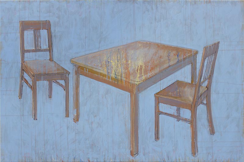 Stefan Kraft; 2 Stühle, Tisch, 2019; Acryl auf Leinwand, 80 × 120 cm; &copy; Stefan Kraft / VG Bild-Kunst, Bonn