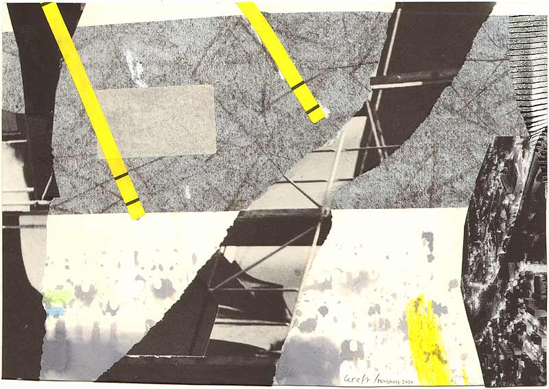 Stefan Kraft; Schranke, 2020; mit Stephanie Krumbholz; Collage, Holzlasur, Polychromos und Ölkreide auf Papier (angefangen von S. Krumbholz, fertiggestellt von S. Kraft), 21,1 × 29,9 cm; © Stefan Kraft / Stephanie Krumbholz / VG Bild-Kunst, Bonn