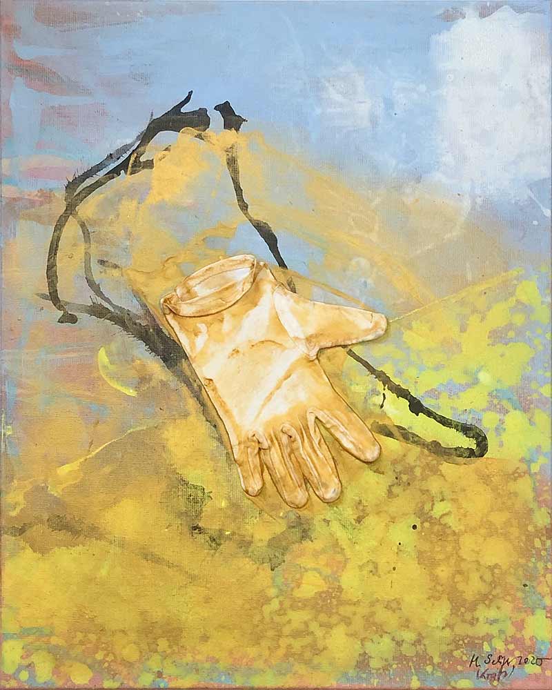 Stefan Kraft; The Glove from Above, 2020; mit Michaela Seliger; Acryl, Assemblage und Zeichentusche auf Leinwand (angefangen von S. Kraft, fertiggestellt von M. Seliger), 50 × 40 cm; © Michaela Seliger / Stefan Kraft / VG Bild-Kunst, Bonn