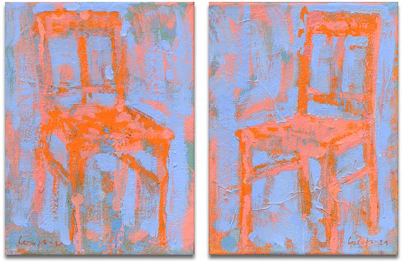 Stefan Kraft; 2 Stühle, 2021; Collage, Acryl und Öl auf Leinwand, 2 Teile je 24 × 18 cm; &copy; Stefan Kraft / VG Bild-Kunst, Bonn