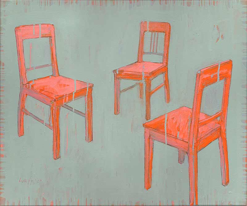 Stefan Kraft; 3 Stühle (E1), 2021; Öl auf Leinwand, 50 x 60 cm; © Stefan Kraft / VG Bild-Kunst, Bonn
