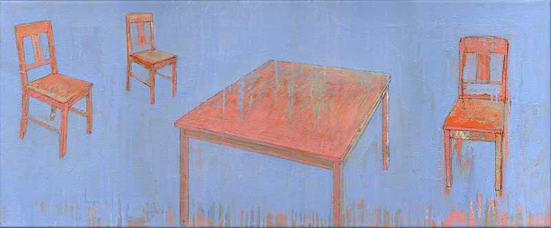 Stefan Kraft; Tisch, 3 Stühle, 2021; Öl auf Leinwand, 35 × 85 cm; &copy; Stefan Kraft / VG Bild-Kunst, Bonn