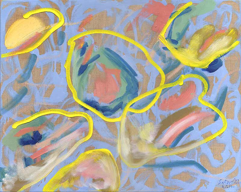 Stefan Kraft; Lichtspiele in der Prien, 2022; mit Michaela Seliger; Öl auf Leinwand (angefangen von S. Kraft, fertiggestellt von M. Seliger), 40 × 50 cm; © Michaela Seliger / Stefan Kraft / VG Bild-Kunst, Bonn