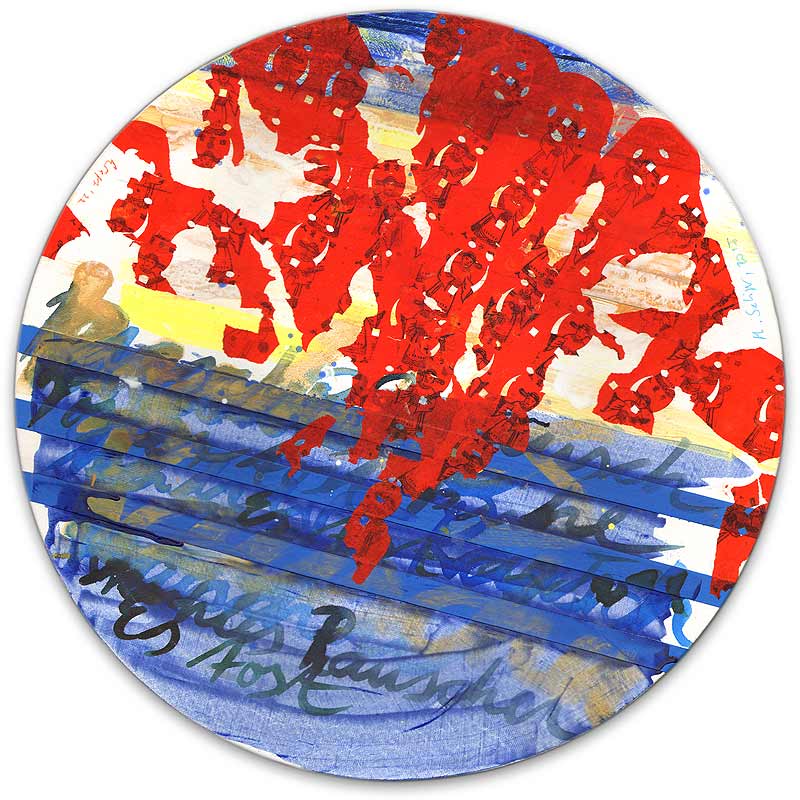 Stefan Kraft; Über den Wassern, 2022; mit Michaela Seliger; Acryl, Zeichentusche, Tape und Collage auf Leinwand (angefangen von M. Seliger, fertiggestellt von S. Kraft), ⌀ 50 cm; © Stefan Kraft / Michaela Seliger / VG Bild-Kunst, Bonn