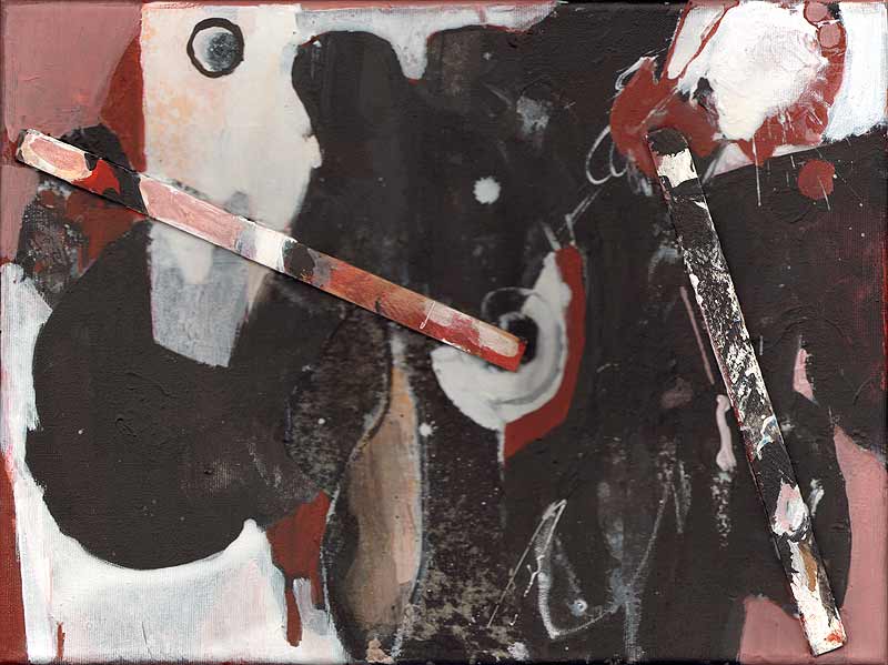 Stefan Kraft; Ein Käfig ging einen Vogel suchen I (SE 4), 2024; mit Erdmute Blach; Acryl, Collage und Assemblage auf Leinwand (angefangen von S. Kraft, fertiggestellt von E. Blach), 30 × 40 cm; © Erdmute Blach / Stefan Kraft / VG Bild-Kunst, Bonn