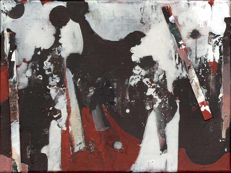 Stefan Kraft; Ein Käfig ging einen Vogel suchen II (SE 5), 2024; mit Erdmute Blach; Acryl, Collage und Assemblage auf Leinwand (angefangen von S. Kraft, fertiggestellt von E. Blach), 30 × 40 cm; © Erdmute Blach / Stefan Kraft / VG Bild-Kunst, Bonn